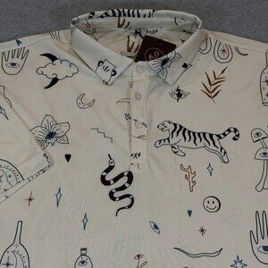 Swannies Golf Polo Shirt Brock Doodle Print Large Vintage White Performance NWT